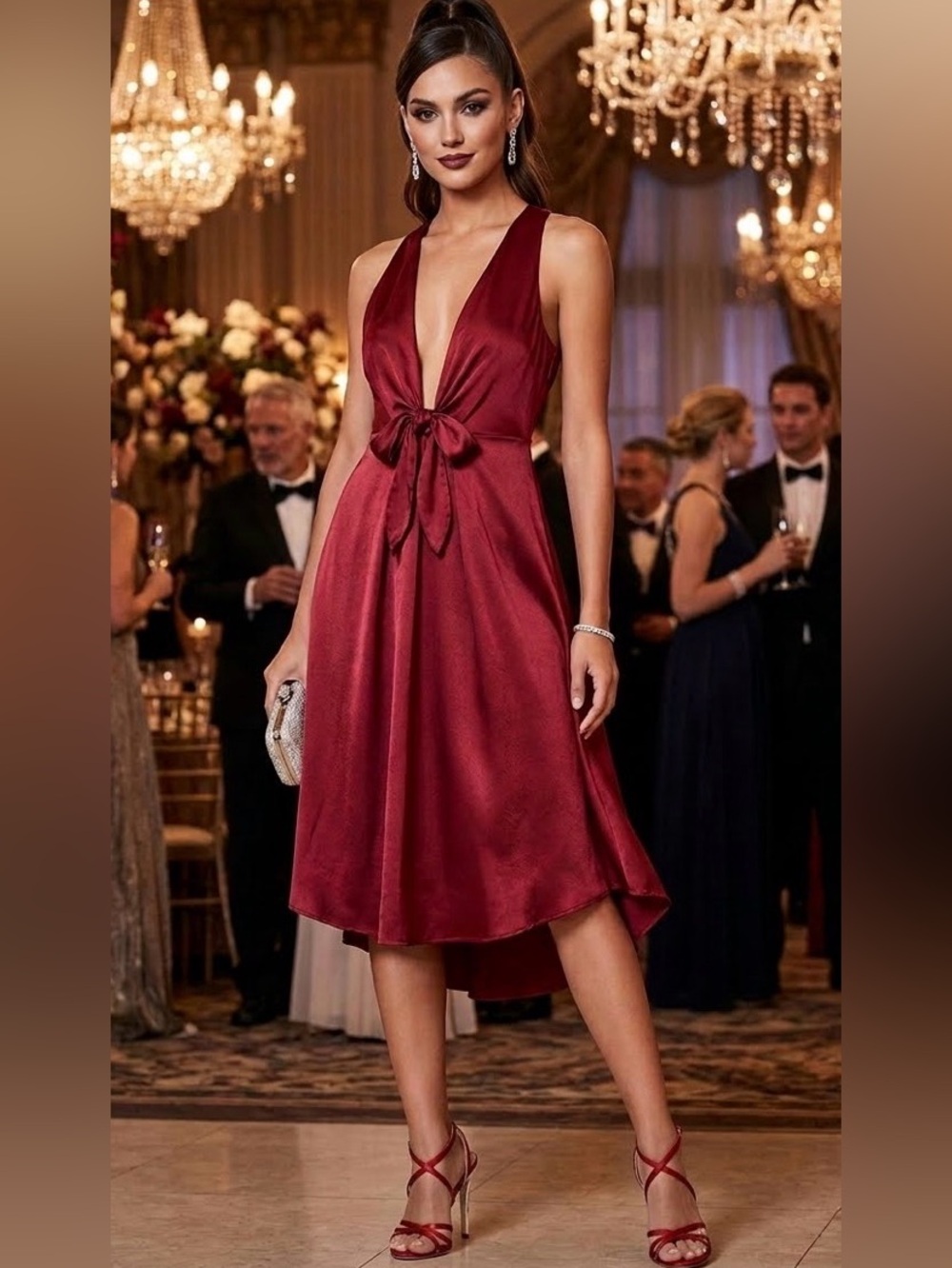 JOIE Kataniya Garnet Red Satin Plunging High\Low Midi Dress 0 MSRP $398 NWT
